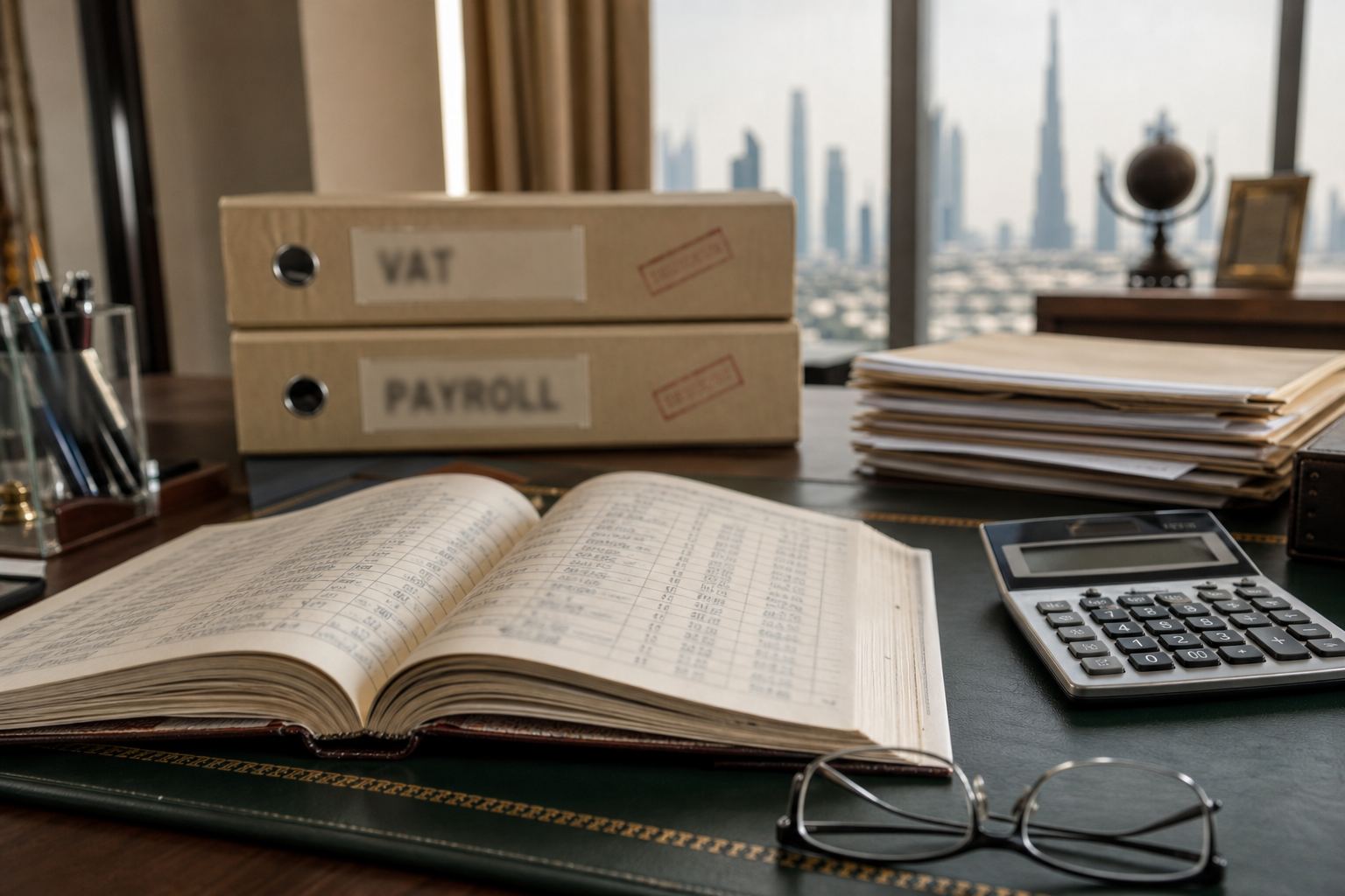 Ledgers and tax folders on the accounting desk at CA Audit Dubai.