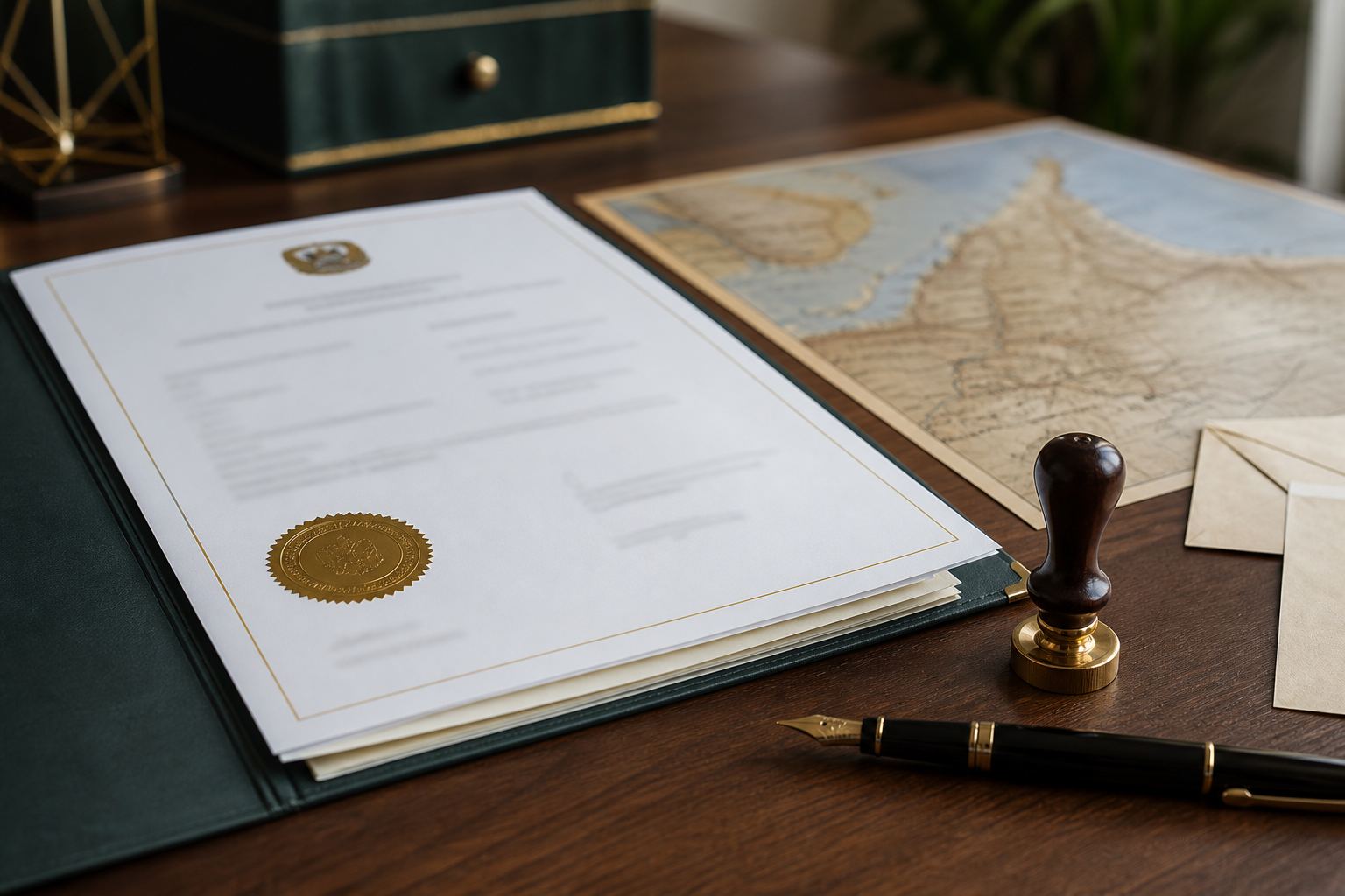 Company-formation papers and a corporate stamp ready for a UAE licence file.