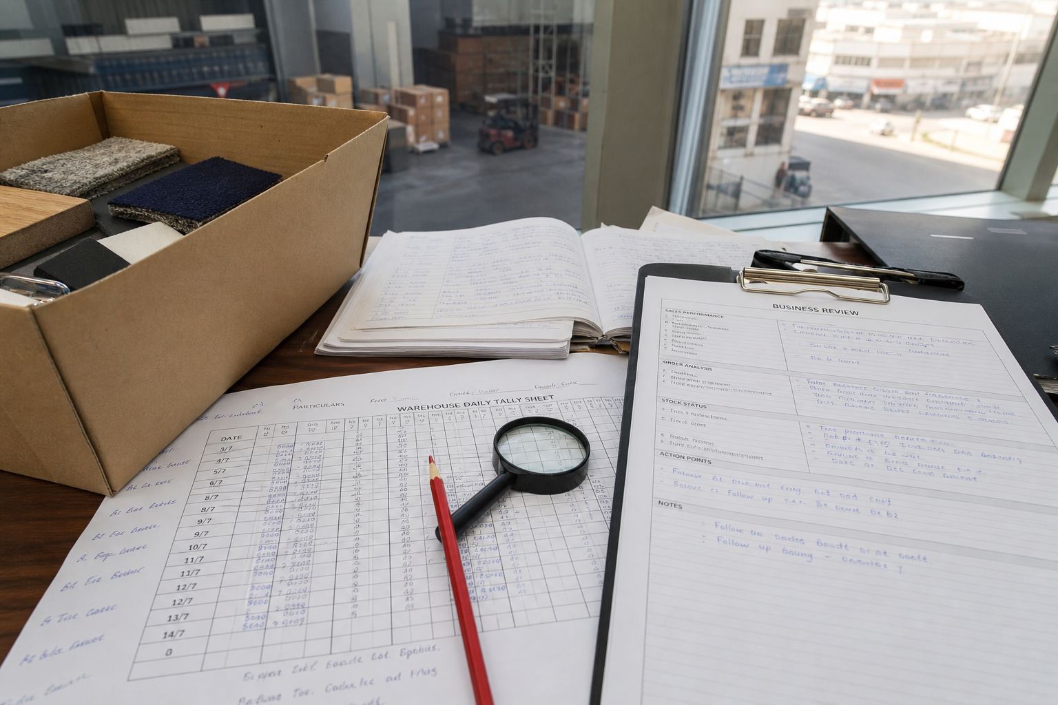 Stock-count sheets and review files for a business audit engagement.